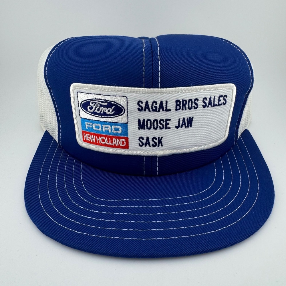 Ford New Holland Trucker Hat OSFM Blue White Sagal Bros Sales Vintage V-Caps